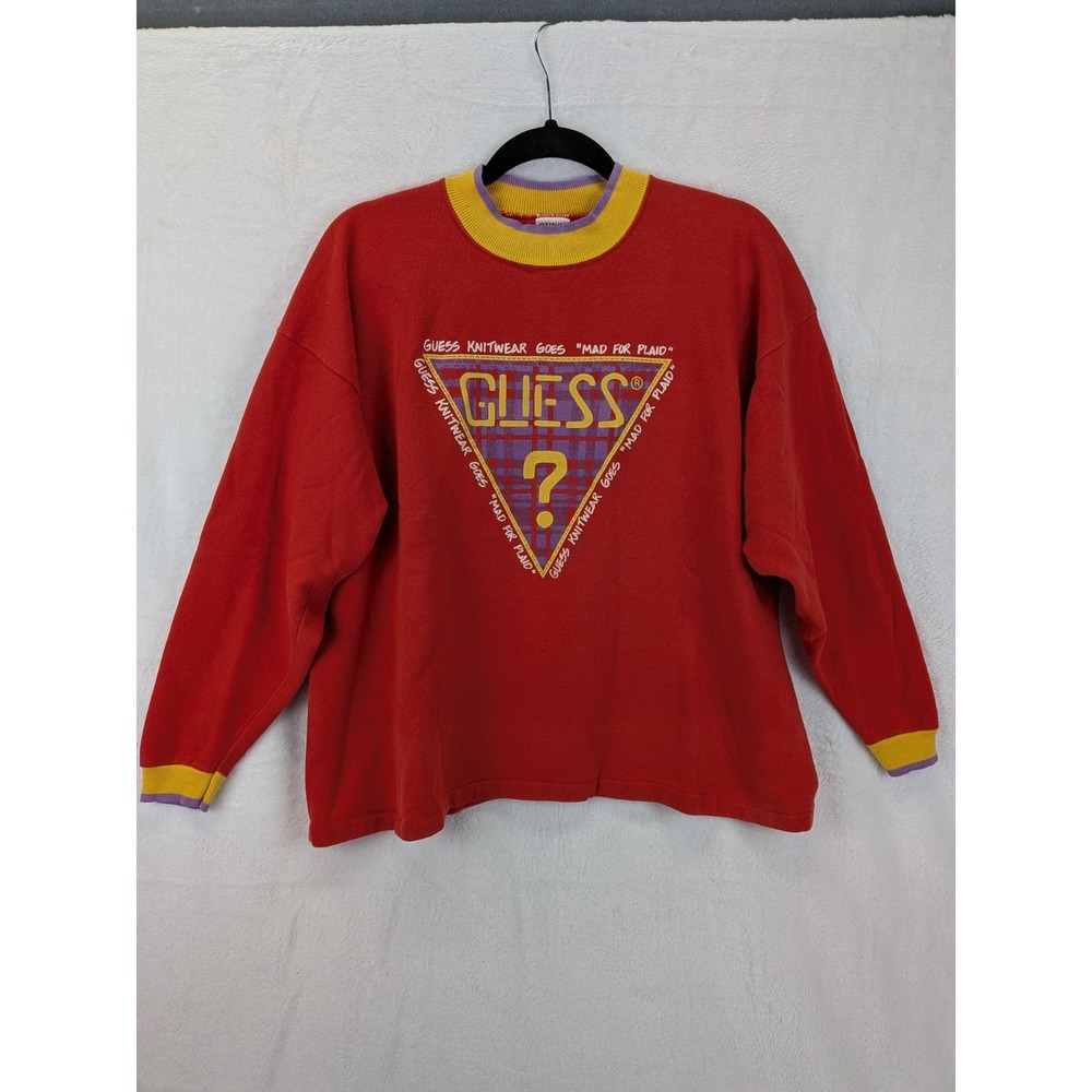 Vintage Guess Crewneck Sweatshirt Women Large Mad For Plaid 80s Color Block